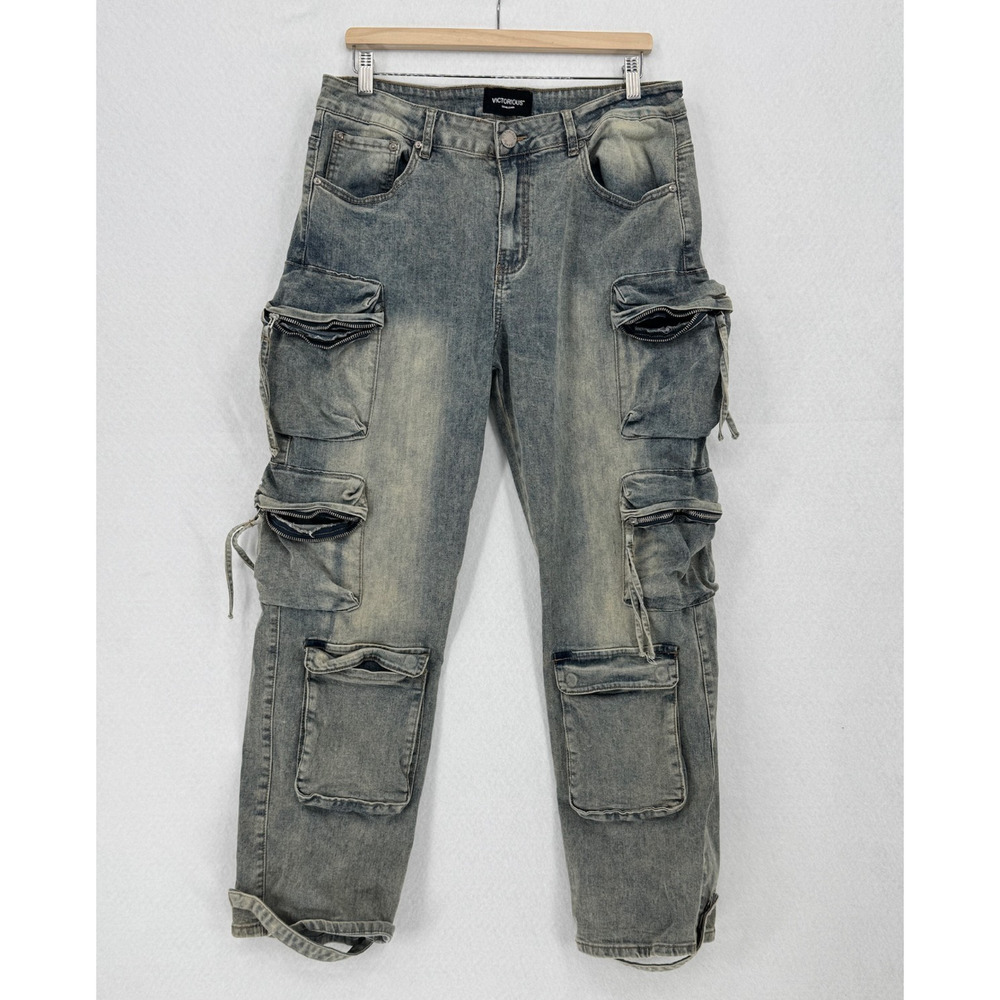 Victorious Mens Blue Baggy Fit Multi-Pocket Cargo Denim Jeans
